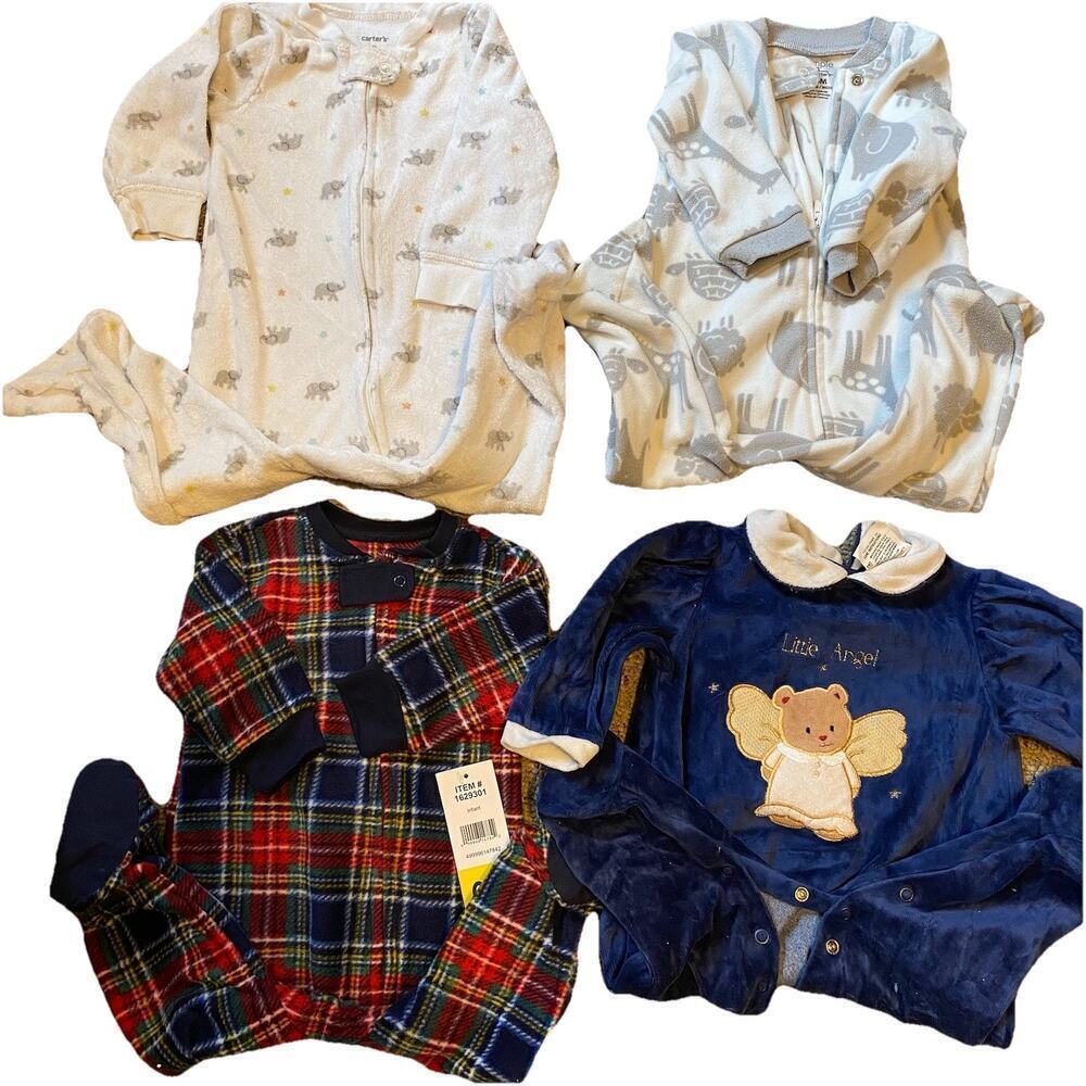 LotOf4 Unisex Baby 3-6-9M Footies Pajamas LittleMe Carters Animals Plaid Angel